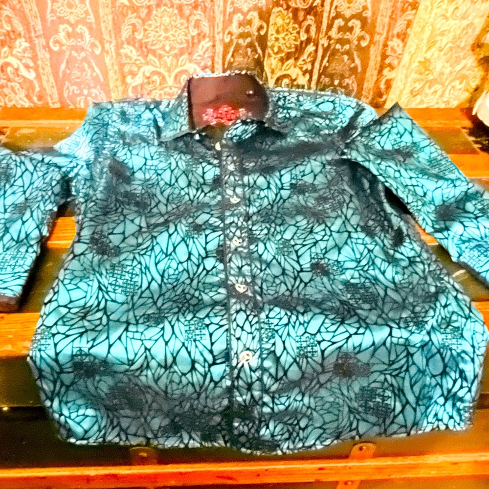 Men’s FERRETI teal and black long sleeve button up shirt size US Small